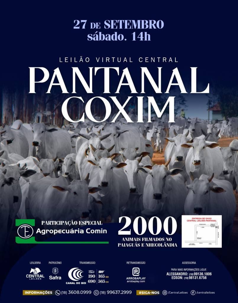 Leilão Virtual Central Pantanal Coxim às 14h no Canal do Boi 