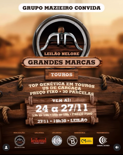 Leilão Grupo Mazieiro Grandes Marcas hoje no Canal do Boi