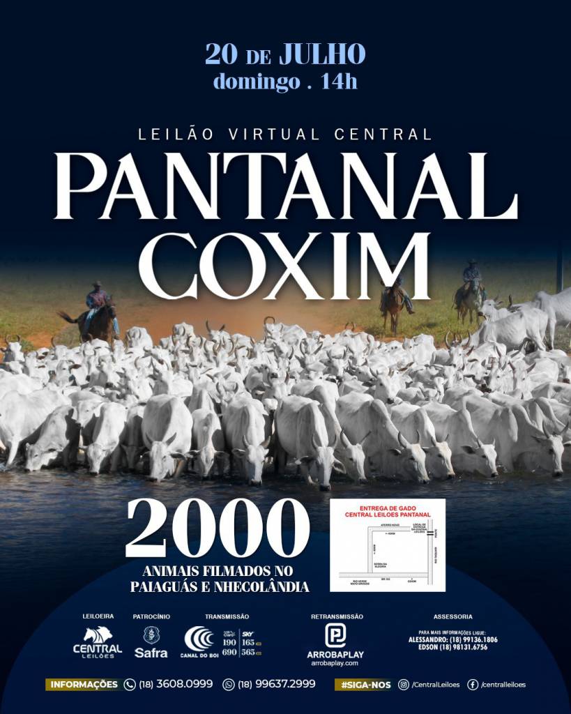 Leilão Virtual Central Pantanal Coxim hoje às 14h no Canal do Boi 