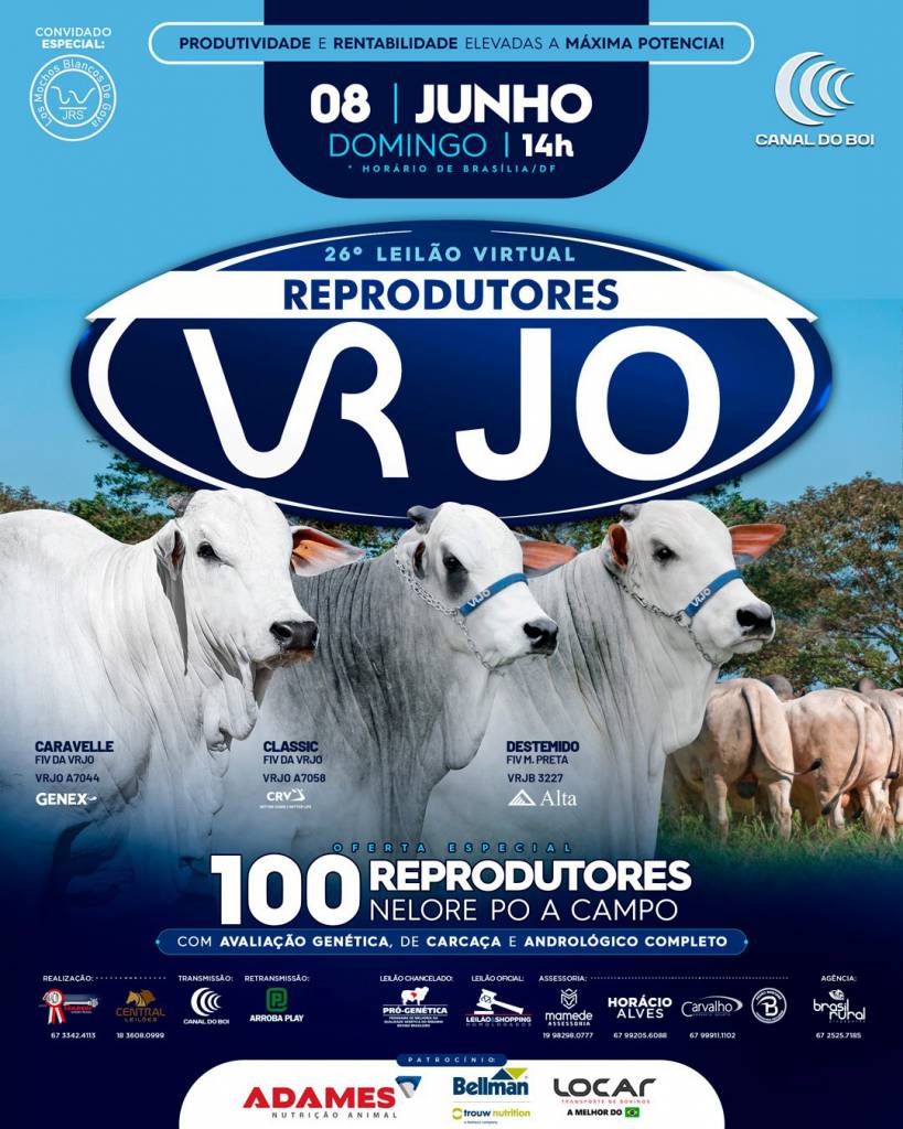 26º Leilão Virtual Reprodutores VRJO hoje às 14h no Canal do Boi
