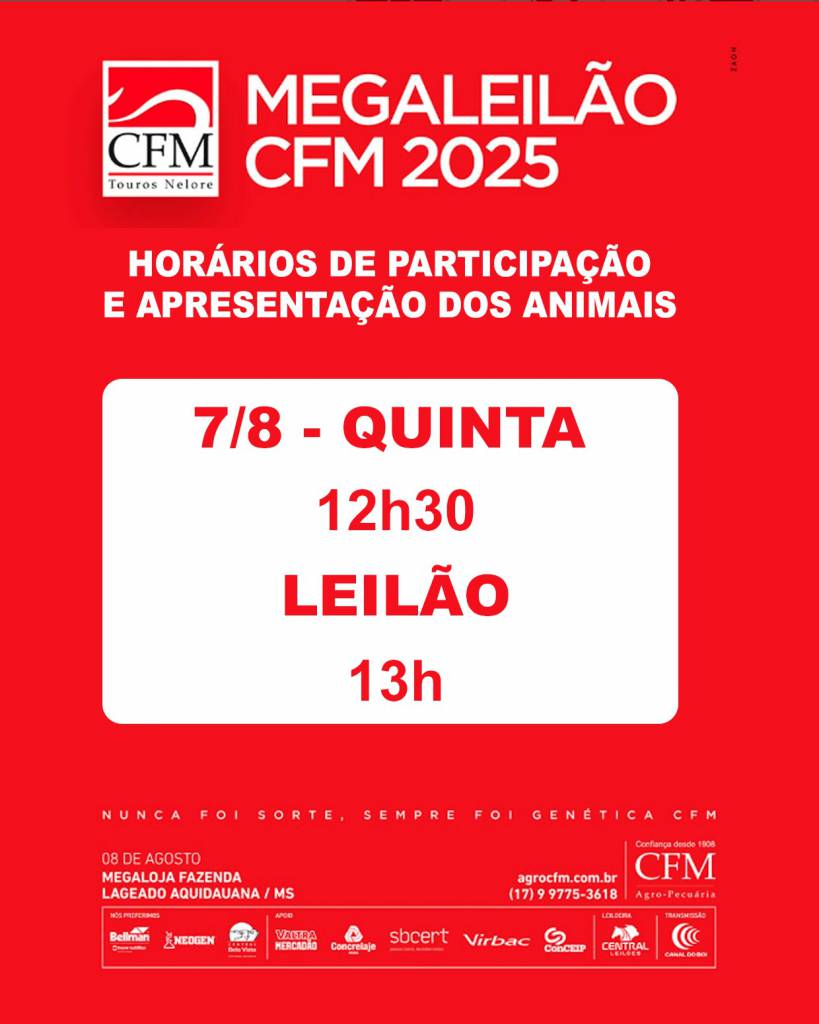 CFM realiza hoje às 13h seu Megaleilão 2025 no Canal do Boi