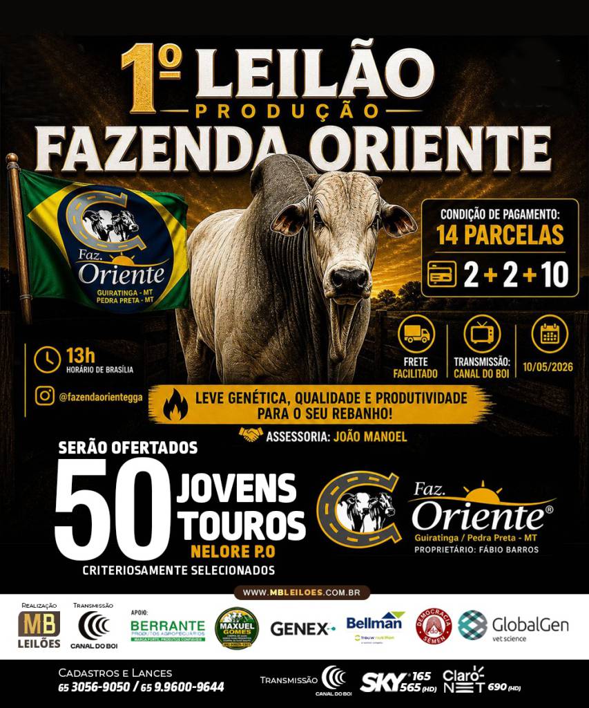 1º Leilão Produção Fazenda Oriente hoje às 14h no Canal do Boi