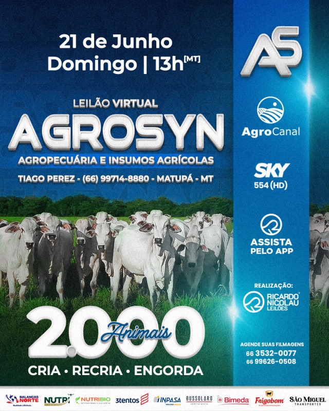 Leilão Virtual AgroSyn Agropecuária e Insumos Agrícolas neste domingo às 13h no AgroCanal