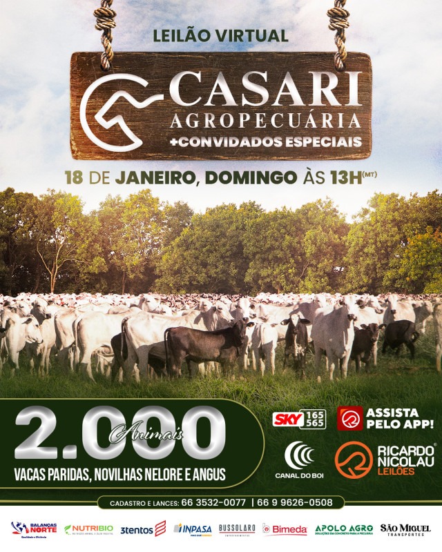 Leilão Presencial Casari Agropecuária e Convidados Especiais neste domingo às 14h no Canal do Boi