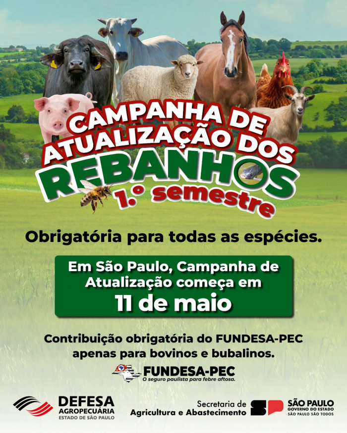 Em São Paulo, Campanha de Atualização dos Rebanhos do primeiro semestre começa dia 11 de maio