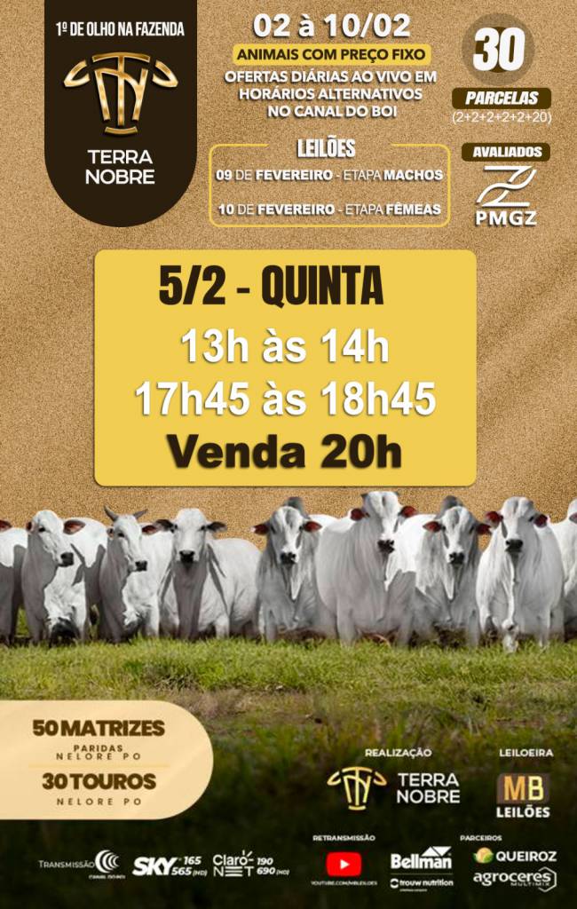 1º De Olho na Fazenda Terra Nobre tem horário especial de venda hoje às 20h no Canal do Boi