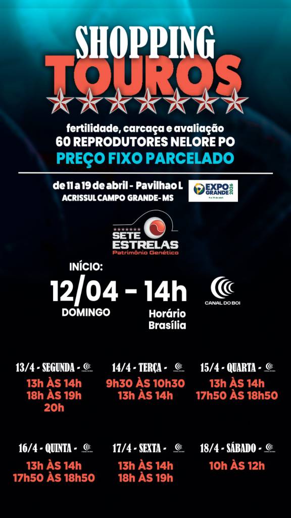 Shopping de Touros Sete Estrelas vende a preço fixo 60 reprodutores selecionados no Canal do Boi